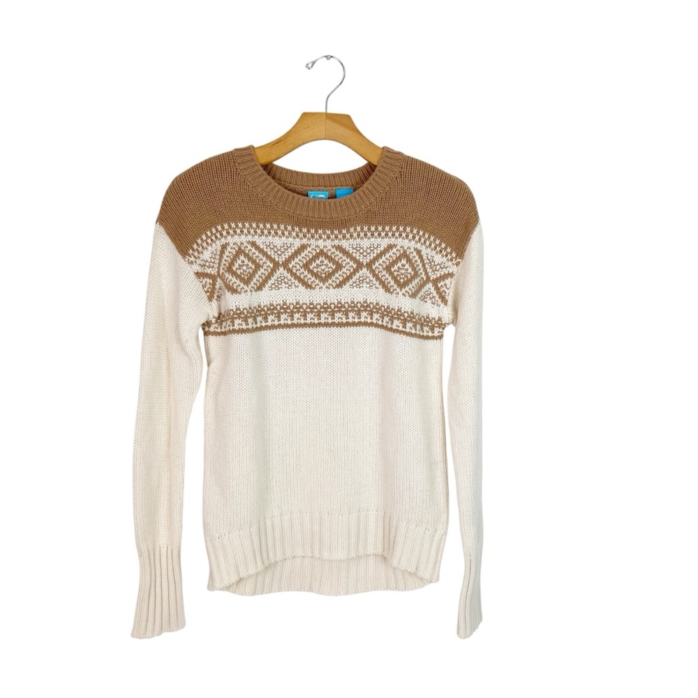 Barneys New York COOP Cream and Tan Fair Isle Crewneck Sweater
